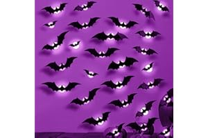 Efymosce Halloween Fledermäuse Deko, 24 Stück LED Lila Fledermaus Dekoration, Wandaufkleber 3D Halloween Deko Set Outdoor für Außen, Party, Fenster,Wandaufkleber, Schlafzimmer, Wohnzimmer