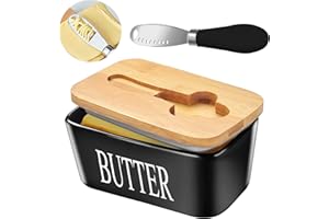 MEETOZ Ceramic Butter Dish with Wooden Lid & Stainless Steel Knife, Airtight Butter Keeper for Counter or Fridge, Double Silicone