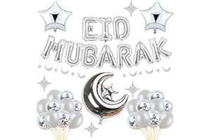 NEWUPZSI Decoration Eid Mubarak 2025 argent Eid Mubarak Decoration Aid Moubarak Banderole Eid Mubarak Ballons Etoile Lune Guirlande Décor Gâteau Eid Décoration Ramadan musulman islamique Parti