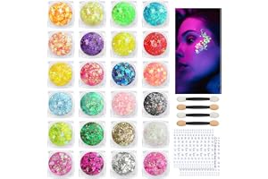 BUTBU Fluorescerande paljetter, 24 färger gelglitter för kropp, fluoreszierendes glitter, sminkgelglitter för kropp, läppar
