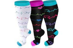 KOMICO 3 Pairs Plus Size Compression Socks for Women & Men, 20-30 mmHg Wide Calf Extra Large Knee High Flight Socks Compression Stockings for Circulation Support