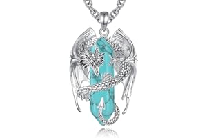 INFUSEU Crystal Dragon Necklace, Nordic Dragon Wrapped Cylinder Gemstone Crystal Pendant Hexagonal Healing Crystal Pendant Gothic Natural Crystal Jewelry Gift for Men Women