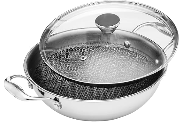 amazon basics Non-Stick Honeycomb Triply Stainless Steel Kadhai with Glass Lid, 24 cm - 2.7L, Fast & Even Heating, Induction & Gas Compatible