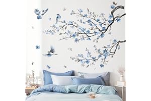 decalmile Pegatinas de Pared Árbol de Flores Azul Vinilos Decorativos Flores Aves en Rama Árbol Adhesivos Pared Habitación Dormitorio Salón