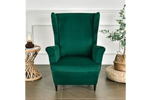 MINGPINHUIUS Wing Chair Slipcover 2 Piece Set - 2 IN 1 Design Removable Soft Velvet Wingback Chair Covers Armchair Stretch Covers Furniture Protector for Wingback Chairs Living Room Bedroom Hotel (Dark Green)
