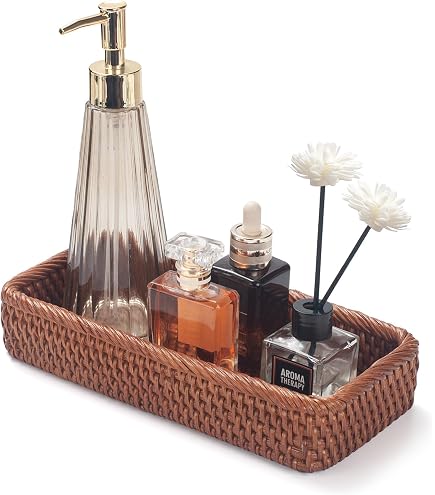 Sumnacon Vassoio da portata rotondo in rattan con manico per baule, bevande, colazione, tè, candele, 25 cm