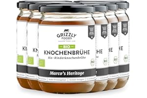 Grizzly Foods Bouillon d'os de bœuf bio (6 x 500 ml) - 25 g de collagène par verre - Cuit pendant 72 heures - 100 % naturel - Sans sucre, sans additifs - Nutriments précieux - Bone Broth - Bouillon