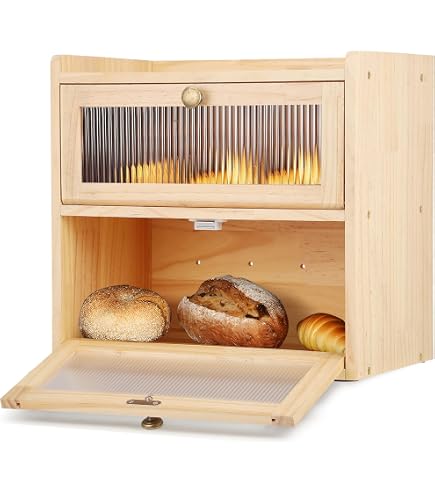 Huche à Pain Double étage En Bois Massif - 36,5x24x34cm - Porte Magnétique Acrylique - Rangement Pain Et Pâtisseries