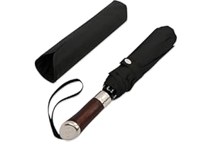 Balios (Designed in UK) Travel Folding Umbrella Lux Hardwood Handle Auto Open & Close Windproof Single Canopy