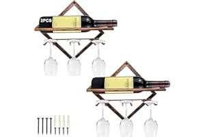 MERYSAN 2pcs Metall Wandmontierter Weinhalter Stemware Glass Rack, Vintage Messing Wandbehang Rotweinregal Organizer mit 3 Stielglashaltern, Flaschenregal Weinflaschenregal für Kitchen Bar Wanddekor