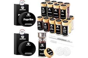 Asueilc Spice Jars with Lids and Labels, 24 x 120ml Glass Spice Jar, Unique Bamboo Scented Wooden Lid Seasoning Jars, Spice Set with 180 Black Labels, Chef Cooking Enthusiast Spice Storage