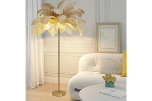 ANram Feather Floor Lamp, Natural Ostrich Feather Standing Lamp, Simple Bedroom and Living Room Decor Lamp, Golden Lamp Body, 3-Color Dimmable with G4 LED Bulb