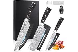 MOSFiATA Set Coltelli da Cucina Professionali, Coltello Cucina da Chef Professionale con Affilatore e Protezione del Dito, 3 Pezzi