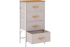 KU Syang Dresser with 4 Drawers - Fabric Chest of Drawers with Large Storage Space, Modern Tall Tower Unit Storage Organiser for Living Room/Bedroom, Wooden Top and Metal Frame (White/Grey)