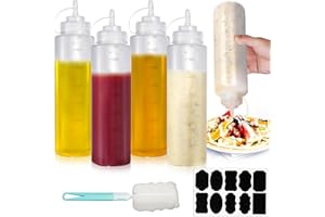 Furuising 4Pcs Bouteille Sauce 680ml, Grandes Bouteille à Condiments, Transparent Recipient Sauce, Flacon Sauce, Flacon Souple en Plastique avec Brosse et Autocollants pour Ketchup BBQ Huile D'Olive