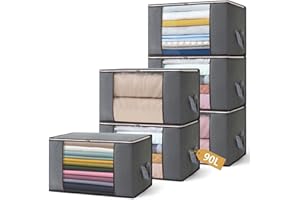 Boic Lot de 6 Sac de Rangement Vetement 90L, Boite Rangement sous Lit avec Poignée pour Couette Vêtements, Couvertures, Couettes, Caisse Rangement Pliable avec Poignée Renforcée, Gris