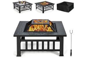 RELAX4LIFE Braciere Quadrato da Giardino in Ferro, Braciere e Coperchio Parascintille a Rete con Attizzatoio Lungo, Bordo Largo Portaoggetti, Braciere da Esterno Multiuso per Riscaldamento e Barbecue