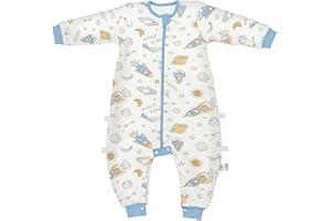ZIGJOY Saco de Dormir para Bebé con Piernas, 1.5 TOG Saco de Dormir para Bebé 100% Algodón Capa de Aire Saco de Dormir para Niños Todo el Año, Nave Espacial, M(12-24 Meses)