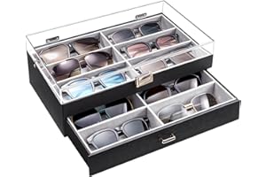 ProCase 2-poziomowe pudełko na okulary, 12 przegródek, na okulary przeciwsłoneczne, pudełko do przechowywania ze skóry, okulary przeciwsłoneczne, organizer, pudełko na okulary, ze szklaną pokrywką,