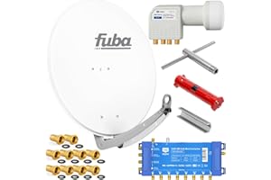 Fuba 8 Teilnehmer Digital SAT Anlage 78cm Schüssel DAA780W Weiß + hb-digital UHD 414 W Quattro LNB 0,1dB HDTV 4K + UHD-MS 5/8 Multischalter + Aufdreh-Set + 24 vergoldete F-Stecker Gratis dazu