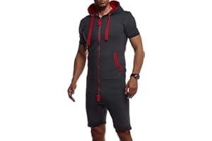 Leif Nelson Herren kurze Jumpsuit für Sommer kurze Hose kurzarm Overall Onesie Männer T-Shirt Kapuze Sommerjumpsuit Schlafanzug kurzer Jogginganzug Trainingsanzug LN8313