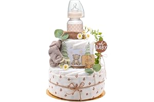 ‎TRENDMAMA Trend Mama® Windeltorte | Windeltorte | Wald | Neutral | mit Musselintuch, Baby Teeflasche, Babysocken,Spucktuch | Babygeschenk