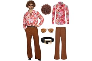 minkasic 70er Jahre Disco Kostüm Set Hippie Herren Outfit mit Schlaghose Hemd 80s Fasching Bekeidung für 50s 60s 70s Cosplay Halloween Party