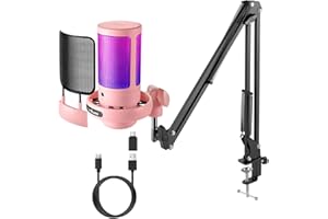 FerBuee Microfono da Gioco per PC USB luce RGB. Microfono a Condensatore con Pulsante Mute, Controllo del Volume, Jack per Cuffie da 3.5mm. Compatibile con Windows, MacOS, Smartphone, PS4/PS5