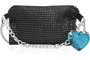 NyxSeat 1 bolsa negra con diamantes de imitación con 1 llavero de lentejuelas azules con purpurina, bolsa de embrague con cadena, adecuada para fiestas, bailes, uso diario, Negro