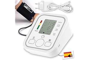 Maxter Tensiometro de Brazo Digital con VOZ en ESPAÑOL ON/OFF Enchufe y Cable USB (Sin Batería) Medidor Tension Arterial y Frecuencia Cardíaca - Monitor de Presión Arterial con Manguito y Memoria 2x99