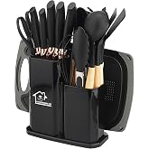 19 Piece Kitchen Knife Set, Silicone Kitchen Utensil Set, Includes Five Knives and a Cutting Board, with Storage Box (Black)