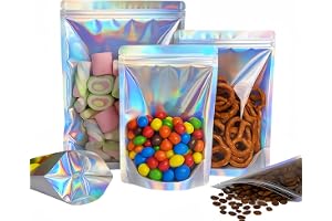 Plaphy 100-pack Stående Aluminiumfolie Holografisk Zippåsar Återförslutbara, Stand up Ziplock Mylarpåsar, Lufttäta Transparen