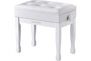FILISITE Adjustable Height Piano Stool Bench PU Leather Cushion Wooden Keyboard Seat with Music Storage (White)