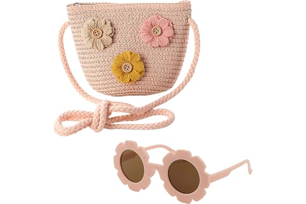 AWAVM Ensemble sac à bandoulière pour filles – Joli sac à main avec lunettes de soleil à fleurs, sac à main tressé réglable pour enfant