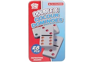 ATOZ Double 6 Colour Dominoes Set, 28 Pieces, 2-4 Players, Ages 3+, with Storage Tin, Red, Blue, Green, Orange