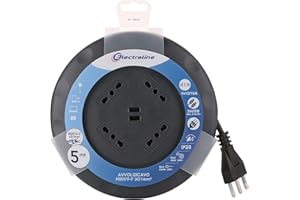 Electraline 49024 Prolunga con Avvolgicavo UFO design super slim 5M, 4 prese bivalenti (10/16A), spina 16A, con 2 prese USB (A+C)