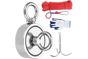 POWMAG 480KG Haftkraft Doppelseitig Neodym Ösenmagnet, N52 Super Extra Starker Magnet zum Magnetfischen - Ø75mm Suchmagnet mit 20m Seil, Handschuhen und Suchanker, mit 2 Öse Neodymium Topfmagnet