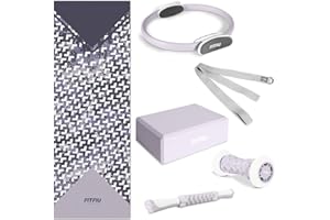 FITFIU Fitness KITWELL-601 - Kit 6 accessori Yoga e Pilates colore viola che include tappetino, cerchio, blocco, massaggiatore per piedi, barra massaggiante e cinghia per yoga, design geometrico unico