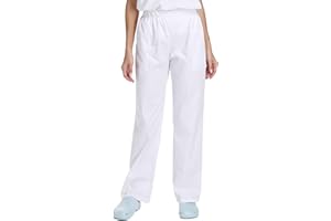 WWOO Donna Pantalone da Lavoro Bianco Puro Cotone Pantaloni da Infermiere Opaco pantalaccio con Elastico