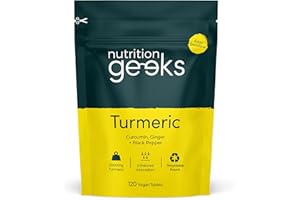 NUTRITION GEEKS Turmeric Tablets 2000mg with Black Pepper & Ginger - 120 High Strength Curcumin Supplements - Easy Swallow Tablets (Not Turmeric Capsules or Powder) - Vegan - UK Made