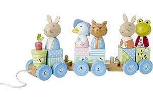 Peter Rabbit Wooden Train Pull Along Toy - Push and Pull Stacking Toys, 1 Year Olds, Toddler - Puzzle Shapes, Early Development Activity Toys - Official Licensed Peter Rabbit Gifts by Orange Tree Toys
