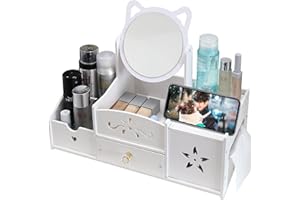 ‎LECYLANKER LEcylankEr Cosmetic Organizer, Schminktisch Organizer mit Spiegel, Multifunktionaler Desktop Kosmetik Organizer, Weiß Make up Organizer mit Schublade für Schlafzimme/Badezimmer (Runder Spiegel)