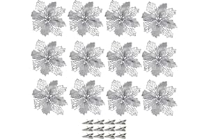 SECALIFE 12 Pcs Christmas Flowers Large (16CM) Poinsettia Glitter Flower With 12 Clips Christmas Tree Floral Ornaments Christmas Wreath Filler for Xmas Wedding Party Decorations, Silver