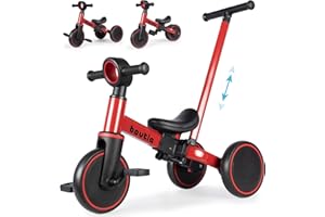 Bautia 5 in 1 Kids Tricycles for 1-4 Year Old, Toddler Balance Bike for Boys Girls Gift Present, Baby Trike with Parent Handle and Removable Pedals for 12 Months+ (No Parent Steering Version)