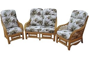 GARDEN MARKET PLACE GardenMarketPlace Portofino Cane Conservatory Furniture 3 Piece Suite - 2 Chairs and a Sofa- Palm Design Fabric-NOW REDUCED!