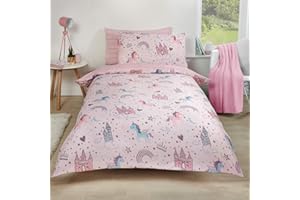 Dreamscene Unicorn Kingdom Duvet Cover with Pillow Case Reversible Star Stripe Bedding Set, Girls Fairy Castle Pink - Single
