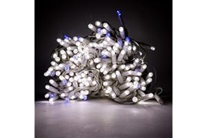 Luccika stringa catena di luci di Natale a led professionale con MaxiLed per ristoranti hotel strade e viali per uso esterno ed interno (Bianco Ghiaccio con Flash Blu, 30 Metri - 300 LED)