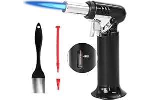 M TIME C CLUB Kochbrenner - Küchenfackel für Creme Brulee, con pennello per olio, dessert e accenditore per bruciare, bruciatore flambante con blocco e fiamma regolabile (gas butano non incluso) (nero)