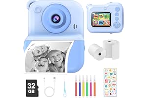 Dusefogo Appareil Photo Instantané Enfants,1440P Appareil Photo Numérique Enfant Caméra Vidéo avec Carte de 32GB Rouleaux de Papier d'impression Cadeau Garçons pour Garçons Filles de 3-12 Ans(Bleu)