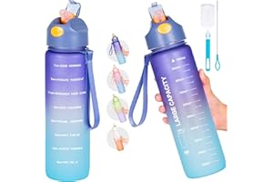 QCQHDU Trinkflasche1L, Sport-Wasserflasche mit Strohhalm & Zeitmacher, Wasserflasche mit Flaschenbürste und Filter, auslaufsicher, Radfahren, Büro und Schule (Blau)…